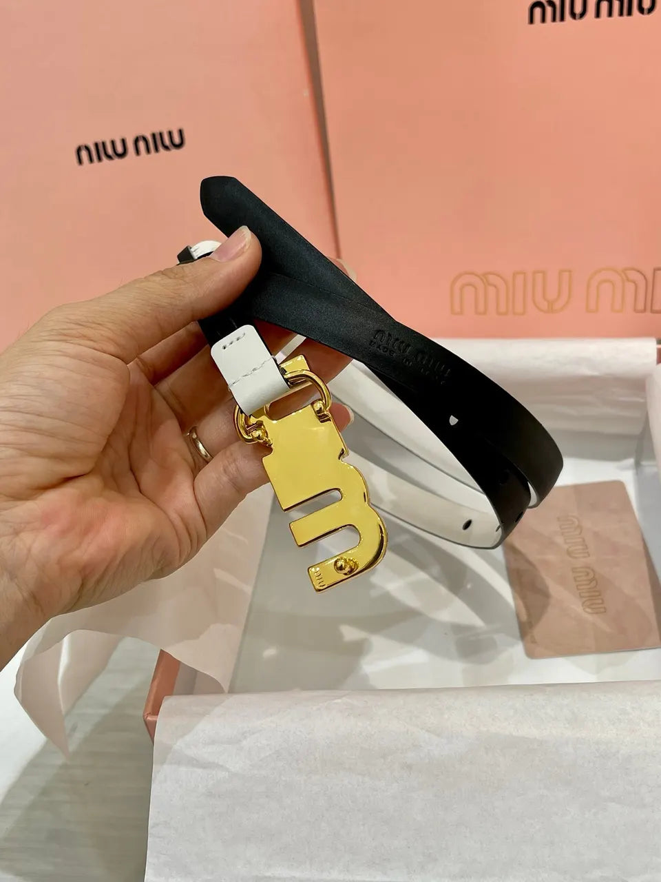 gold Miu Miu White Leather Belt - Hình 2