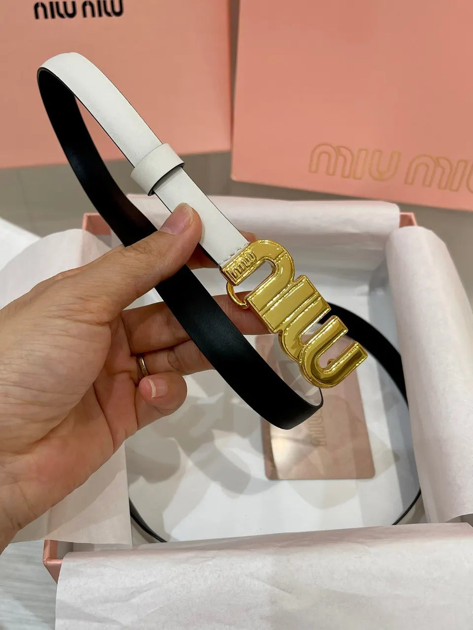 gold Miu Miu White Leather Belt - Hình 4