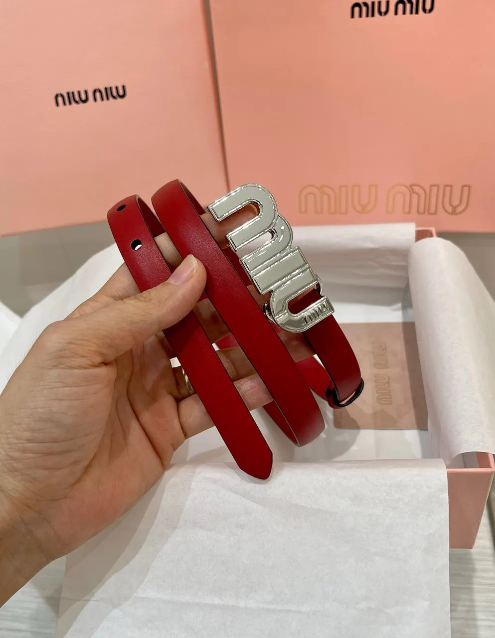 Miu Miu Red Leather Belt - Hình 5