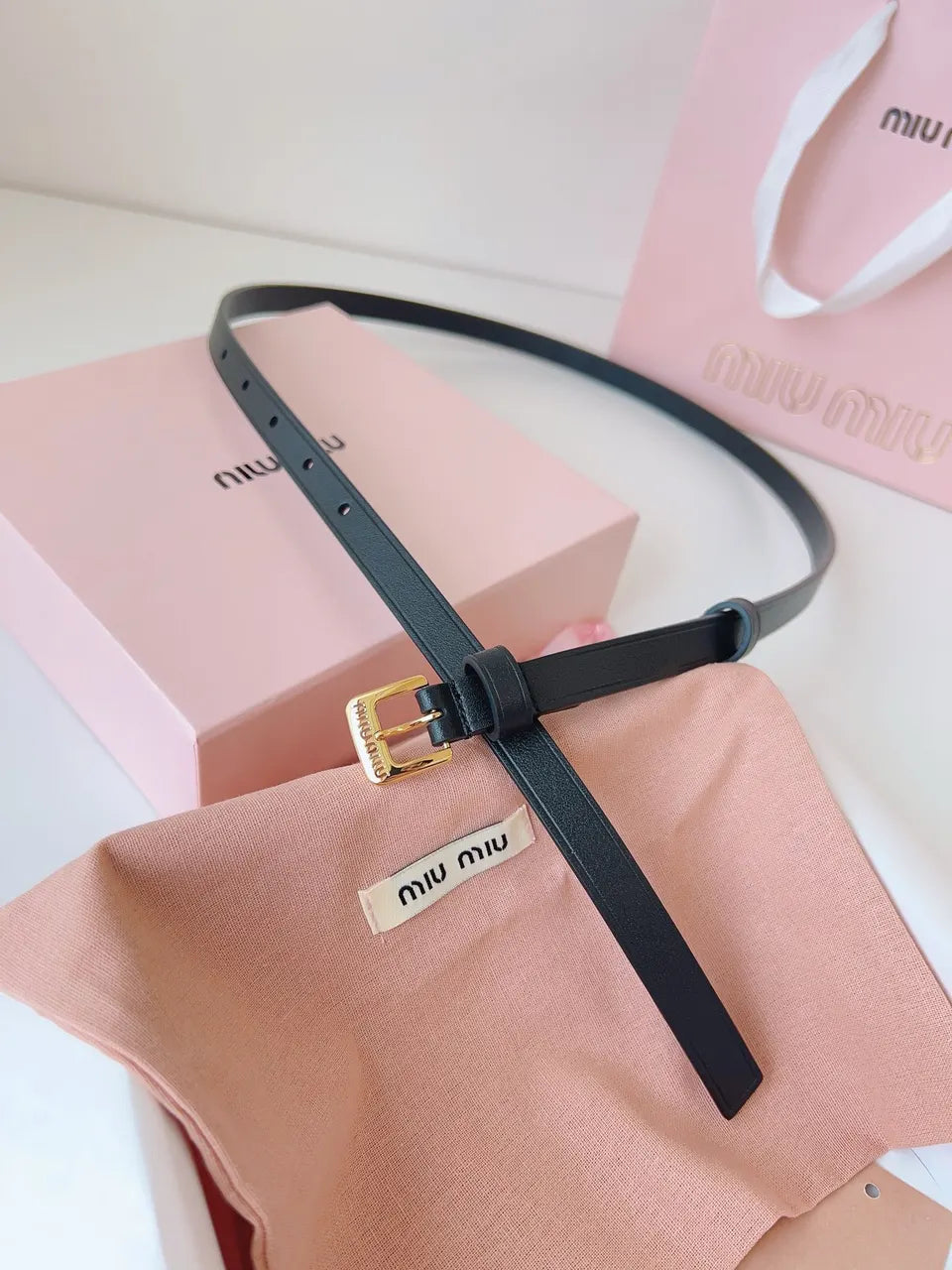 gold Miu Miu Black Leather Belt - Hình 8