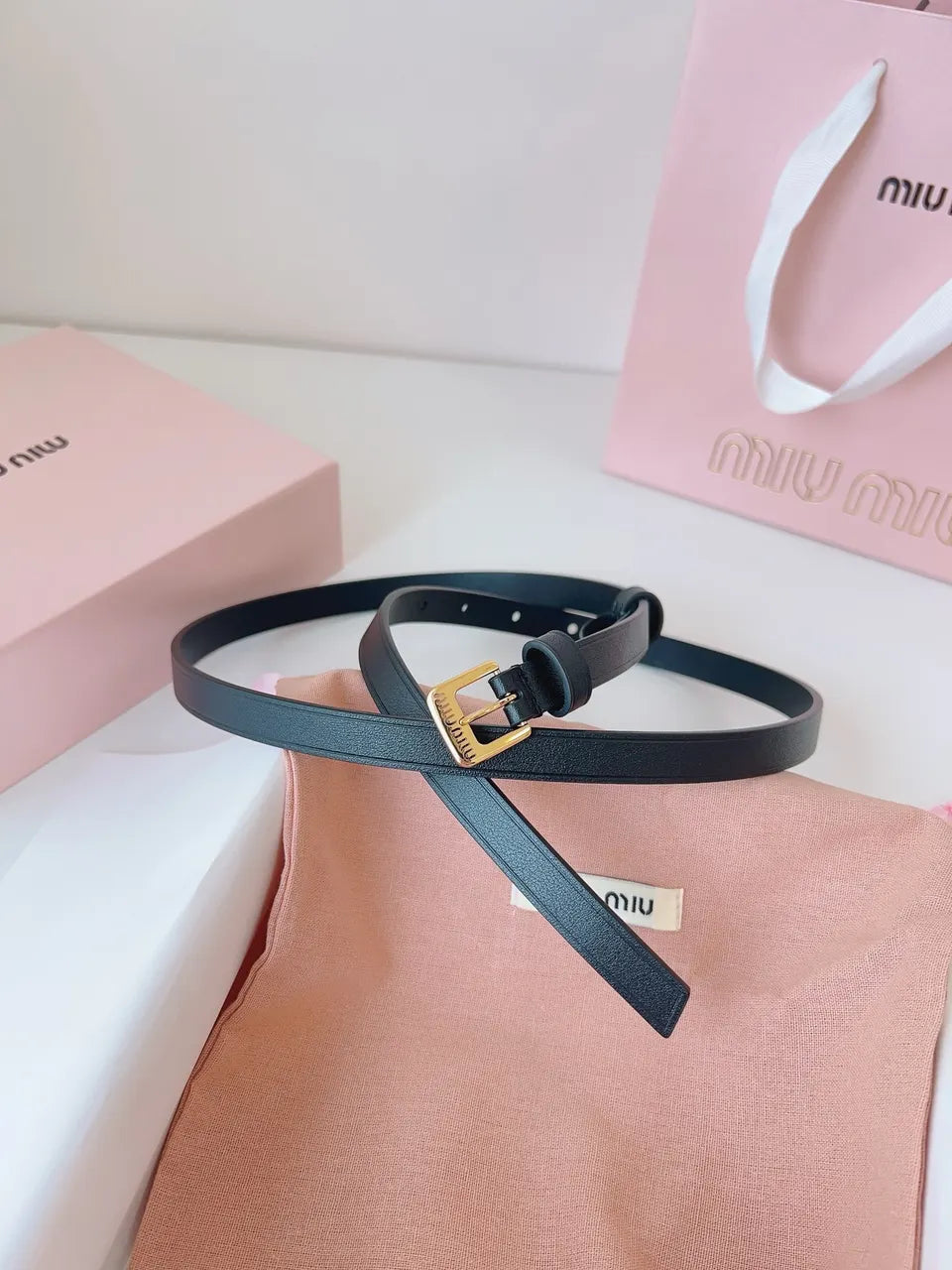 gold Miu Miu Black Leather Belt