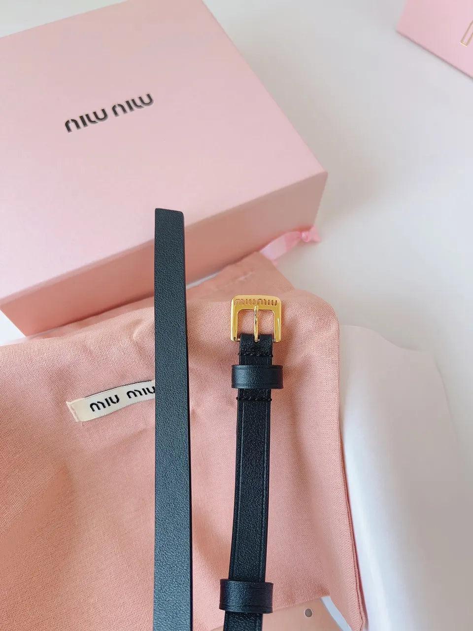 gold Miu Miu Black Leather Belt - Hình 7