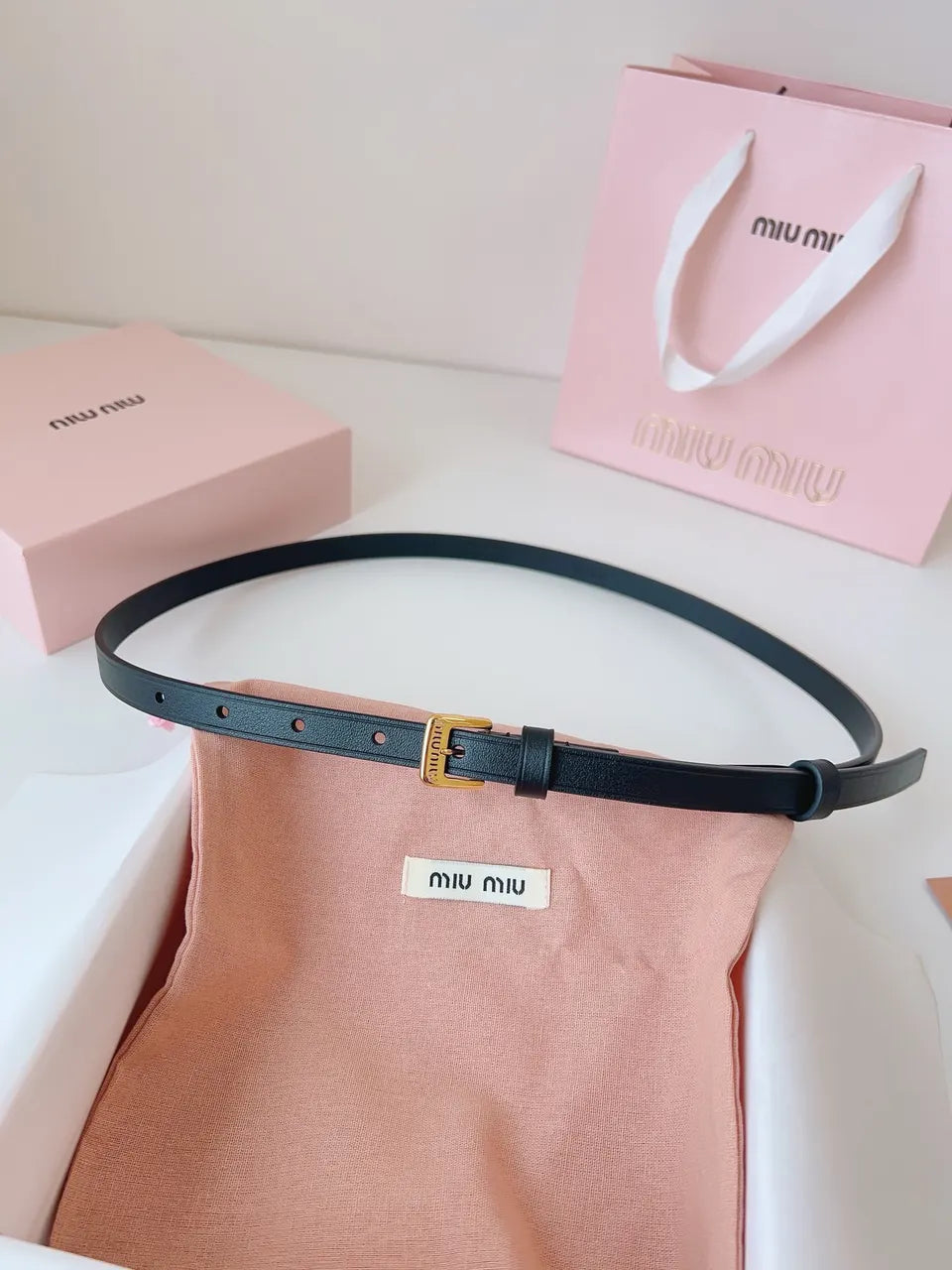 gold Miu Miu Black Leather Belt - Hình 6