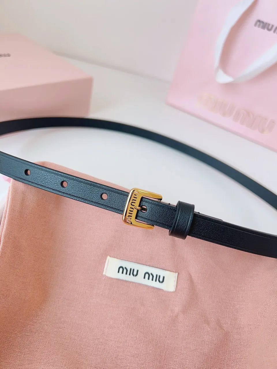 gold Miu Miu Black Leather Belt - Hình 5