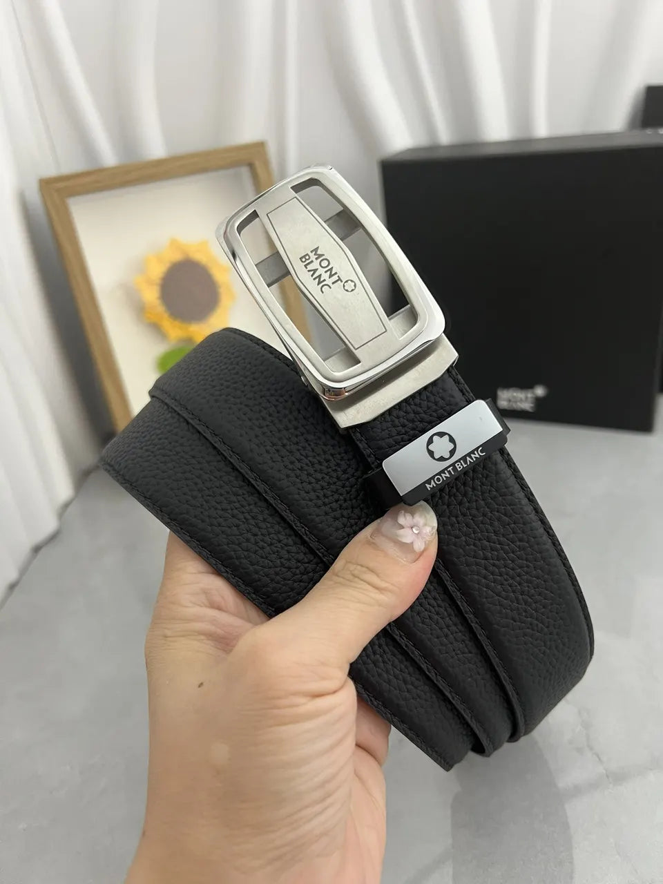 Montblanc Black Leather Belt silver