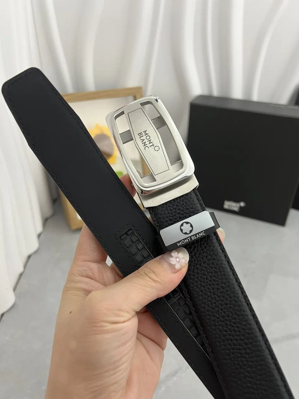 Montblanc Black Leather Belt silver - Hình 5