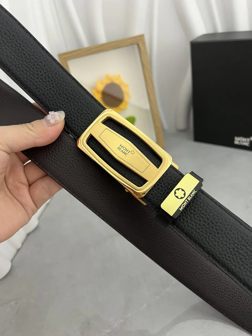 gold Montblanc Black Leather Belt - Hình 2