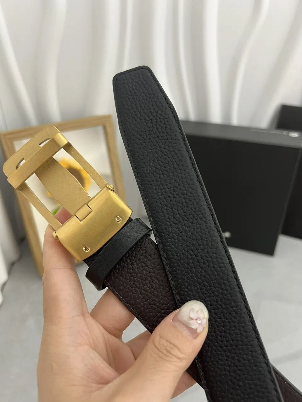 gold Montblanc Black Leather Belt - Hình 3