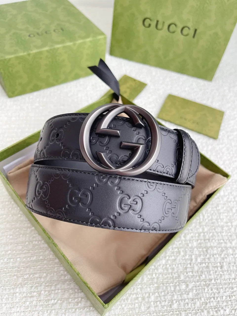 Gucci Black Leather Belt Matte GG Buckle - Hình 9