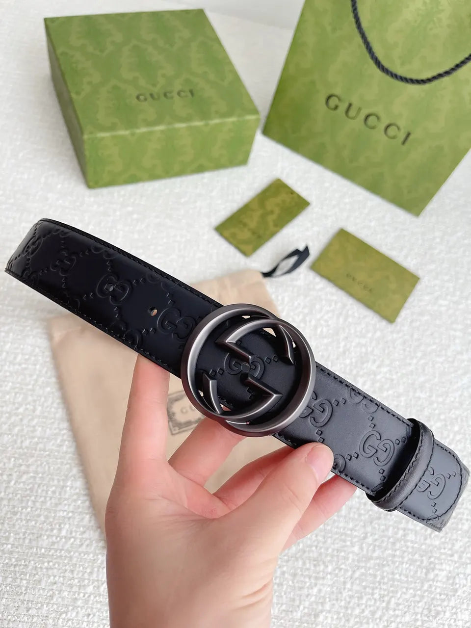 Gucci Black Leather Belt Matte GG Buckle - Hình 8