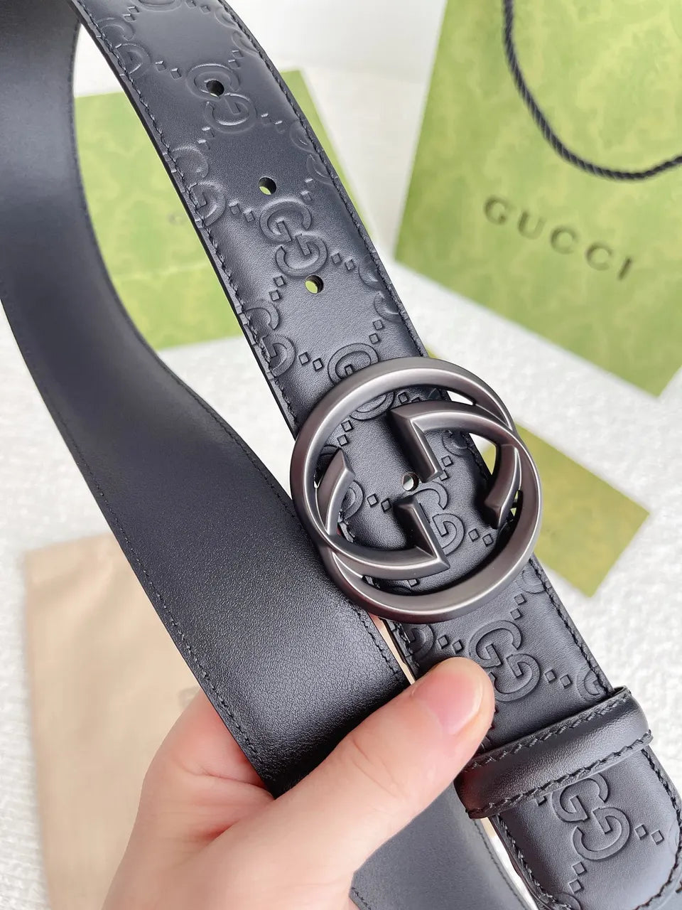 Gucci Black Leather Belt Matte GG Buckle - Hình 2