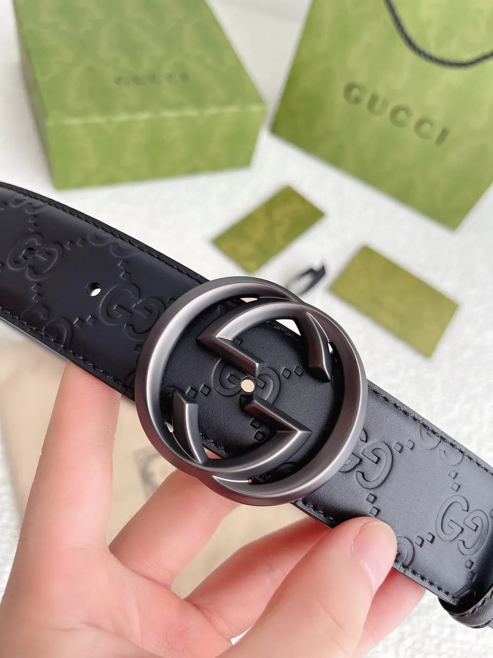 Gucci Black Leather Belt Matte GG Buckle - Hình 7