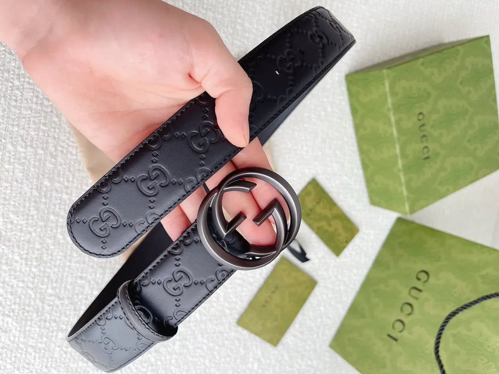 Gucci Black Leather Belt Matte GG Buckle - Hình 6