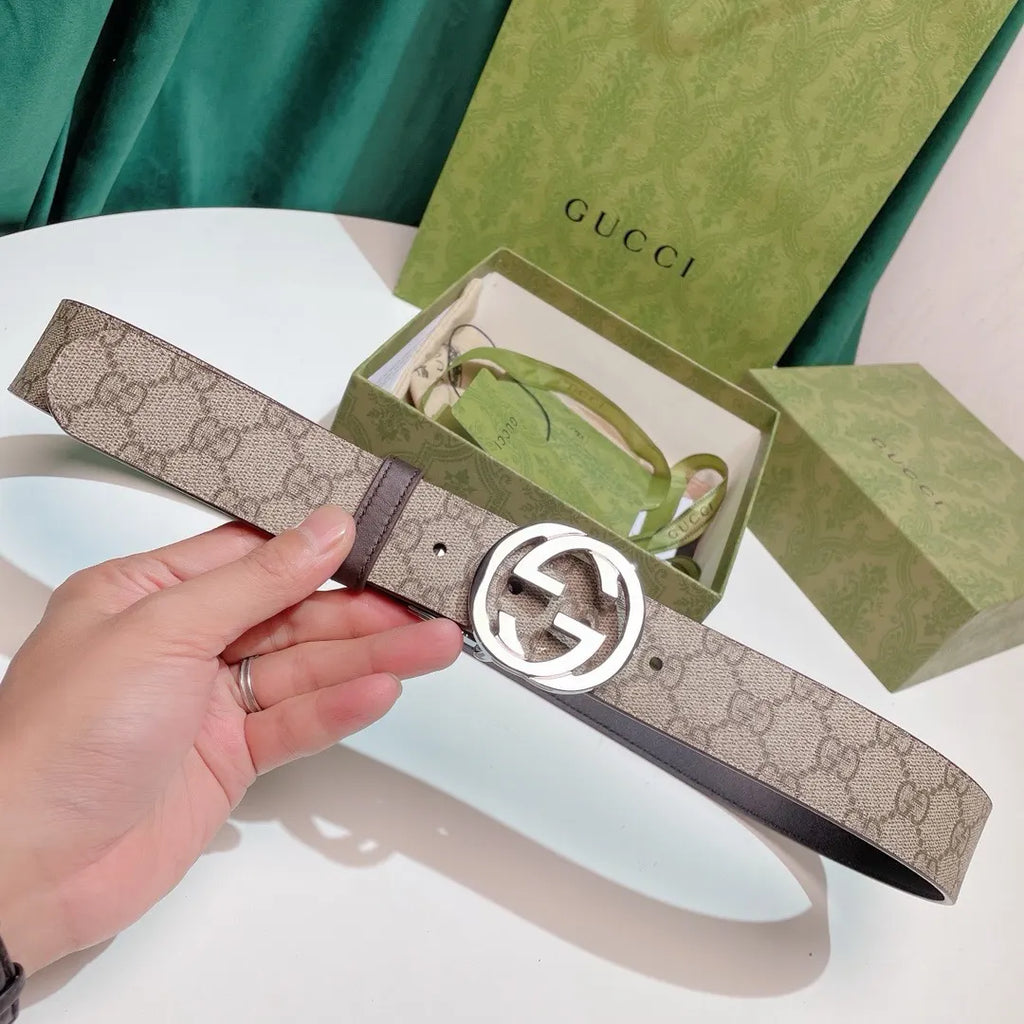 silver Gucci Beige GG Supreme Belt - Hình 8