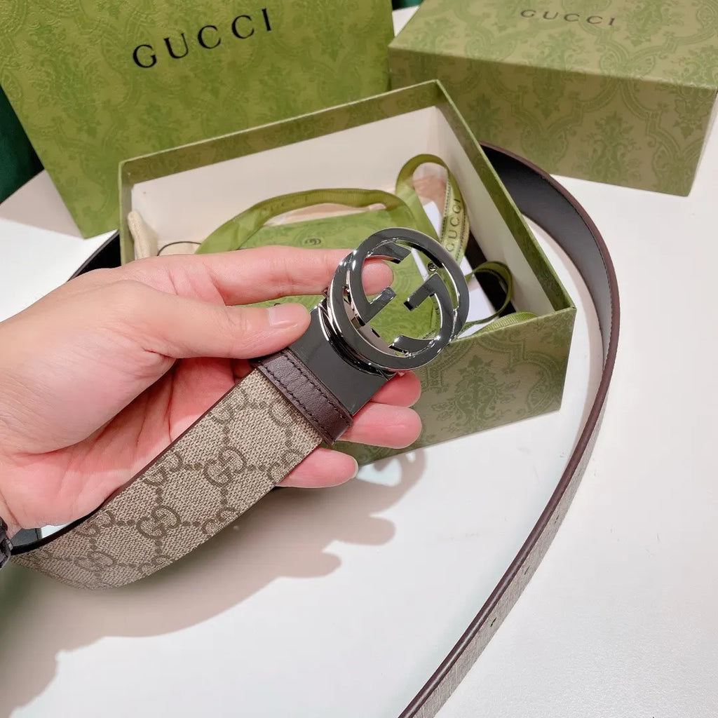 silver Gucci Beige GG Supreme Belt - Hình 6