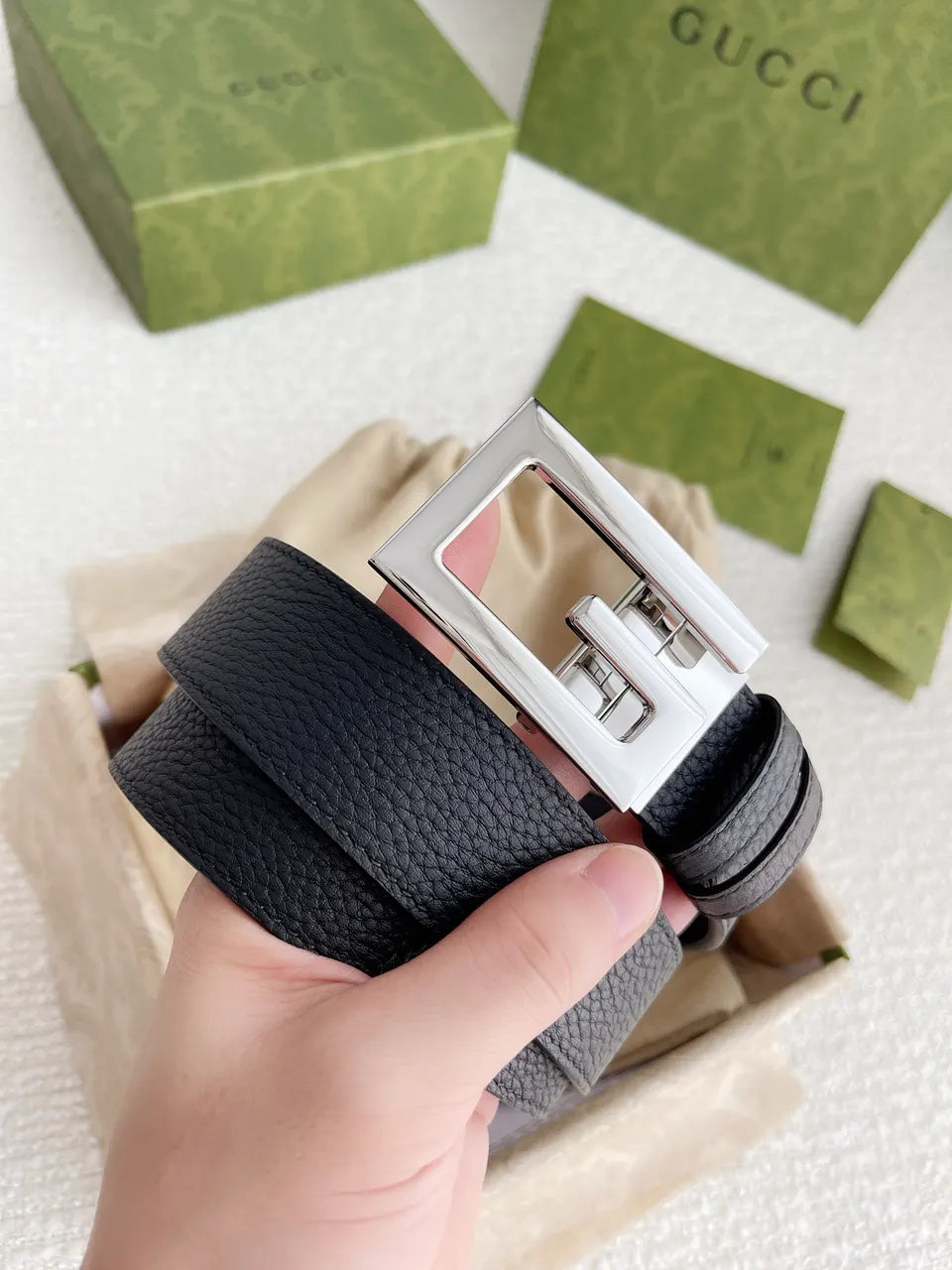 Gucci Black Leather Silver Buckle - Hình 9