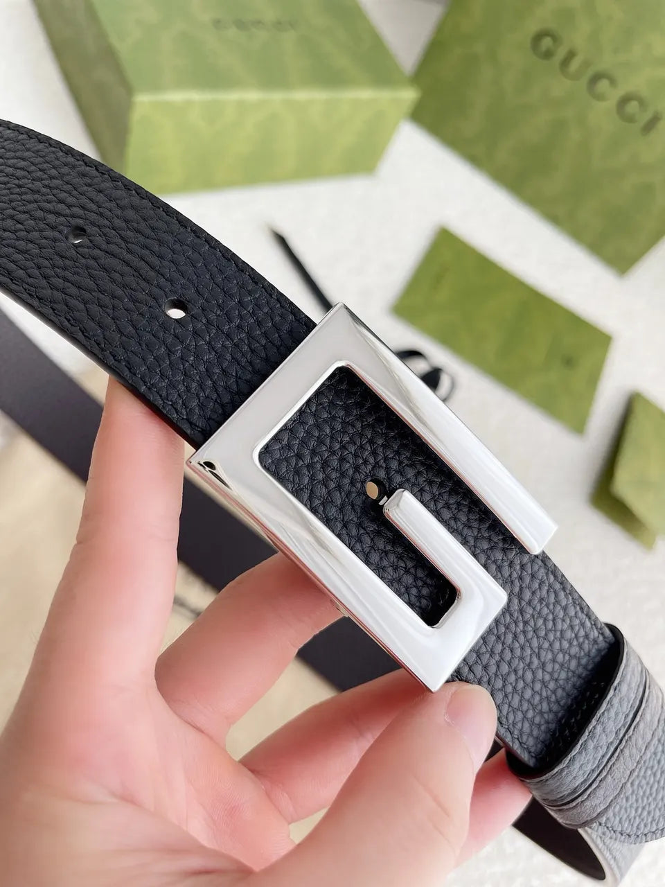 Gucci Black Leather Silver Buckle - Hình 7