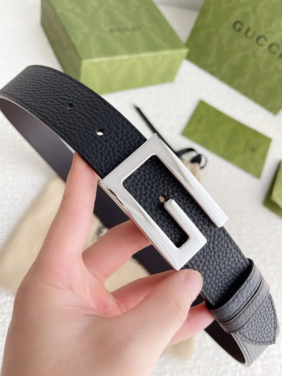Gucci Black Leather Silver Buckle - Hình 8