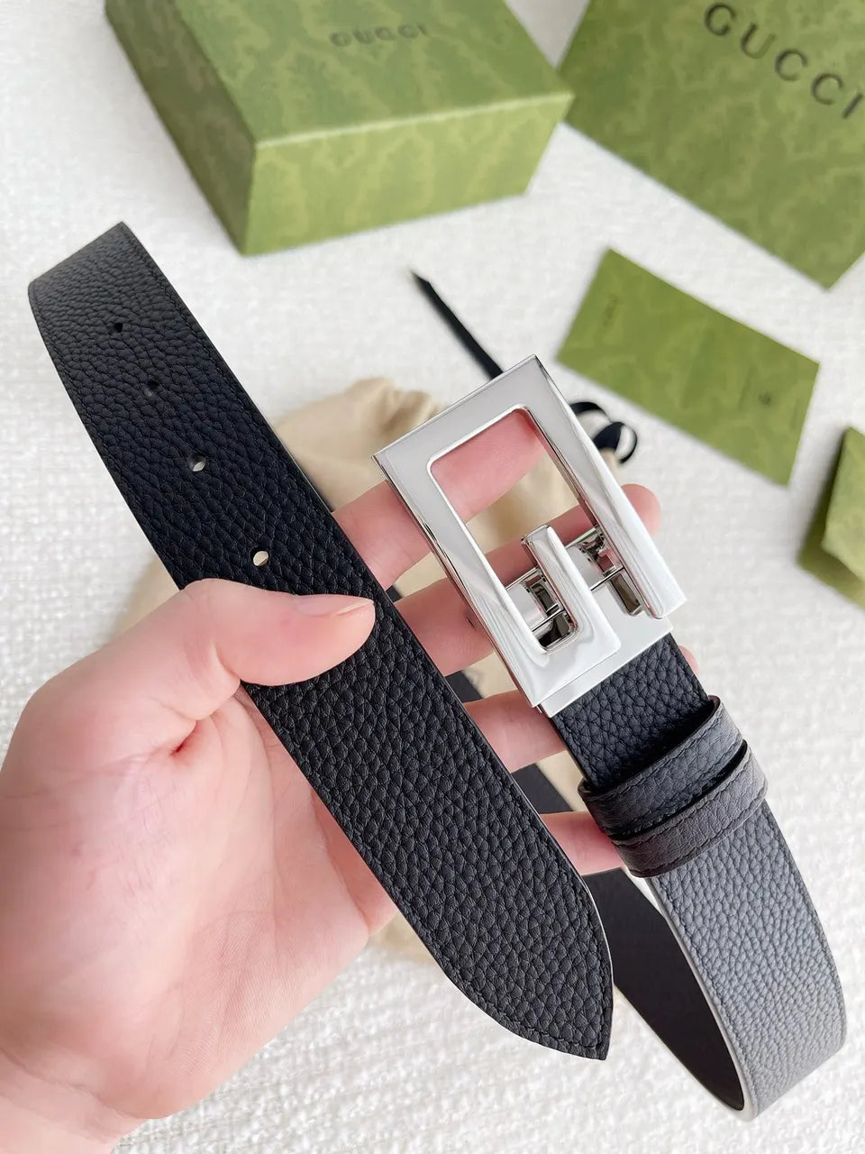 Gucci Black Leather Silver Buckle - Hình 6
