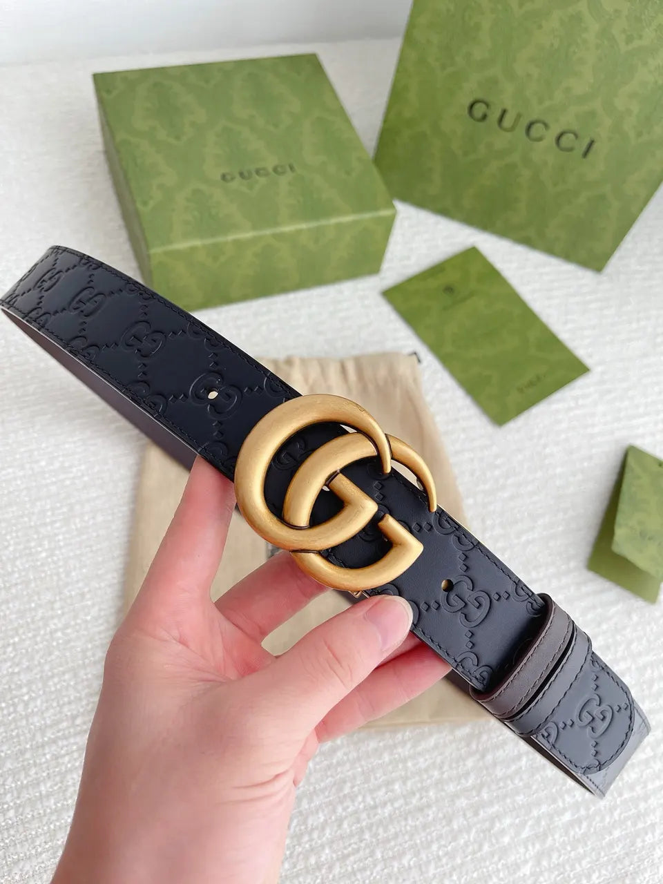 gold Gucci Embossed Black Belt - Hình 8