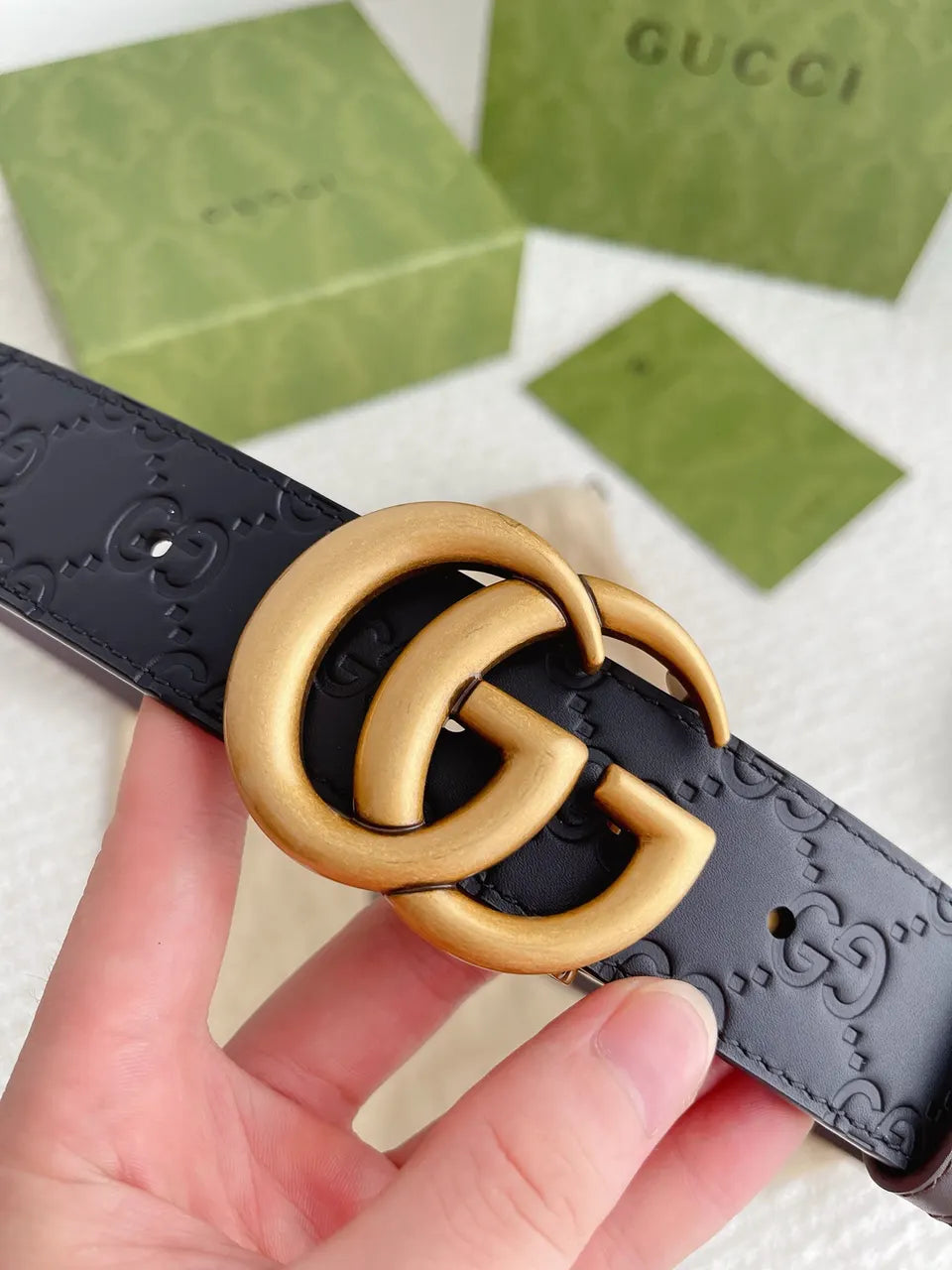 gold Gucci Embossed Black Belt - Hình 7
